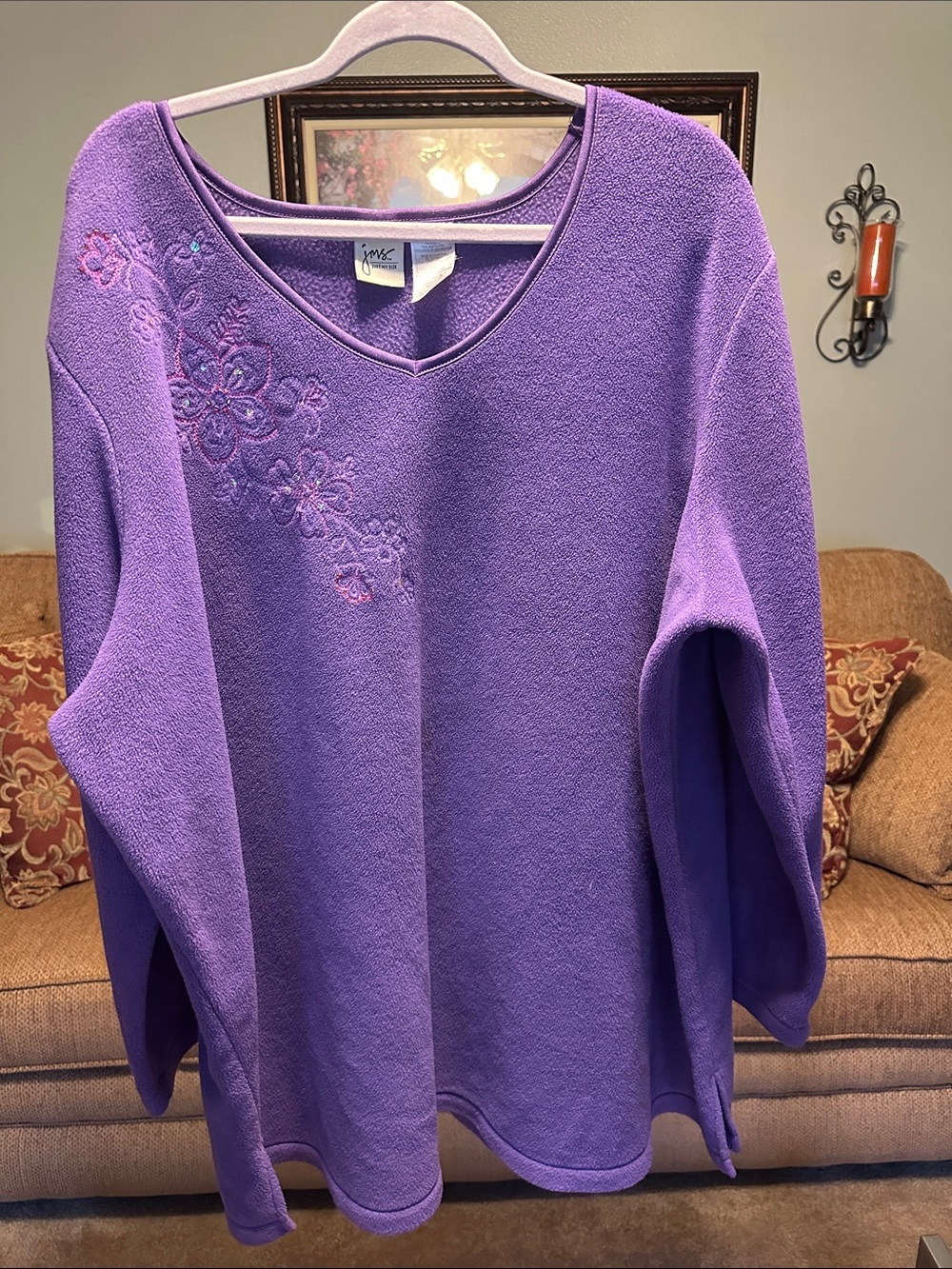 Just My Size Purple V-Neck Embroidered Pullover Sweater